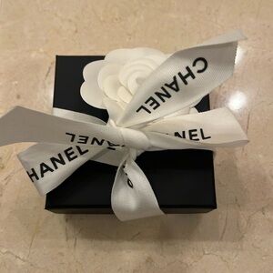 Chanel jewelry box with ribbon, camellia, insert, and original bag